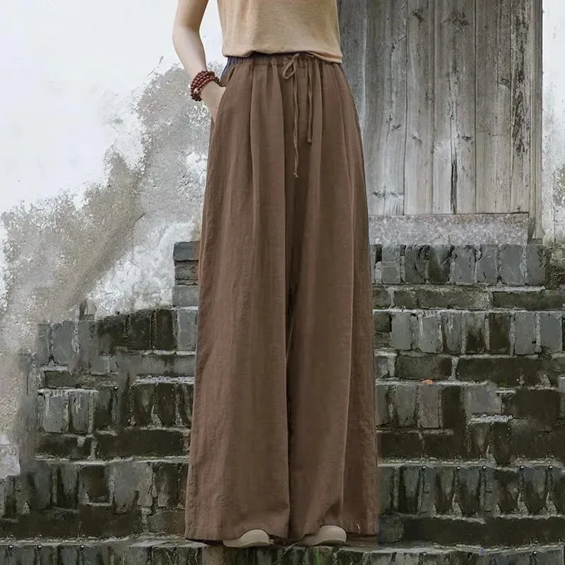 Spring Summer Loose Casual Cotton Line Wide Leg Pants Women Elastic Waist Solid Color Vintage All-match Straight Trousers Female