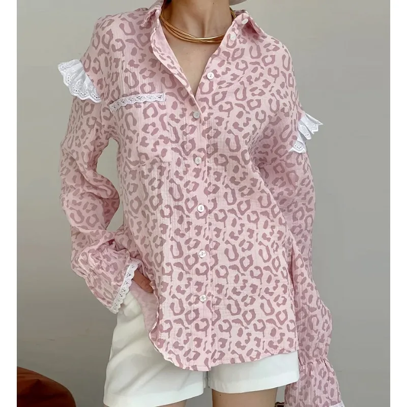 2025 Autumn Fashion Cotton-Linen Casual Subtle-Style Pink Leopard Print Long-Sleeved Shirt