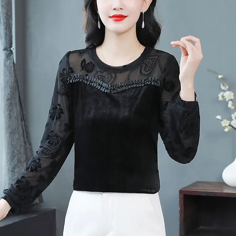 Women Stylish Print Patchwork Vintage Gold Velvet Basic T-shirts Elegant Chic O Neck Long Sleeve Loose Pullover Tops Ropa Mujer