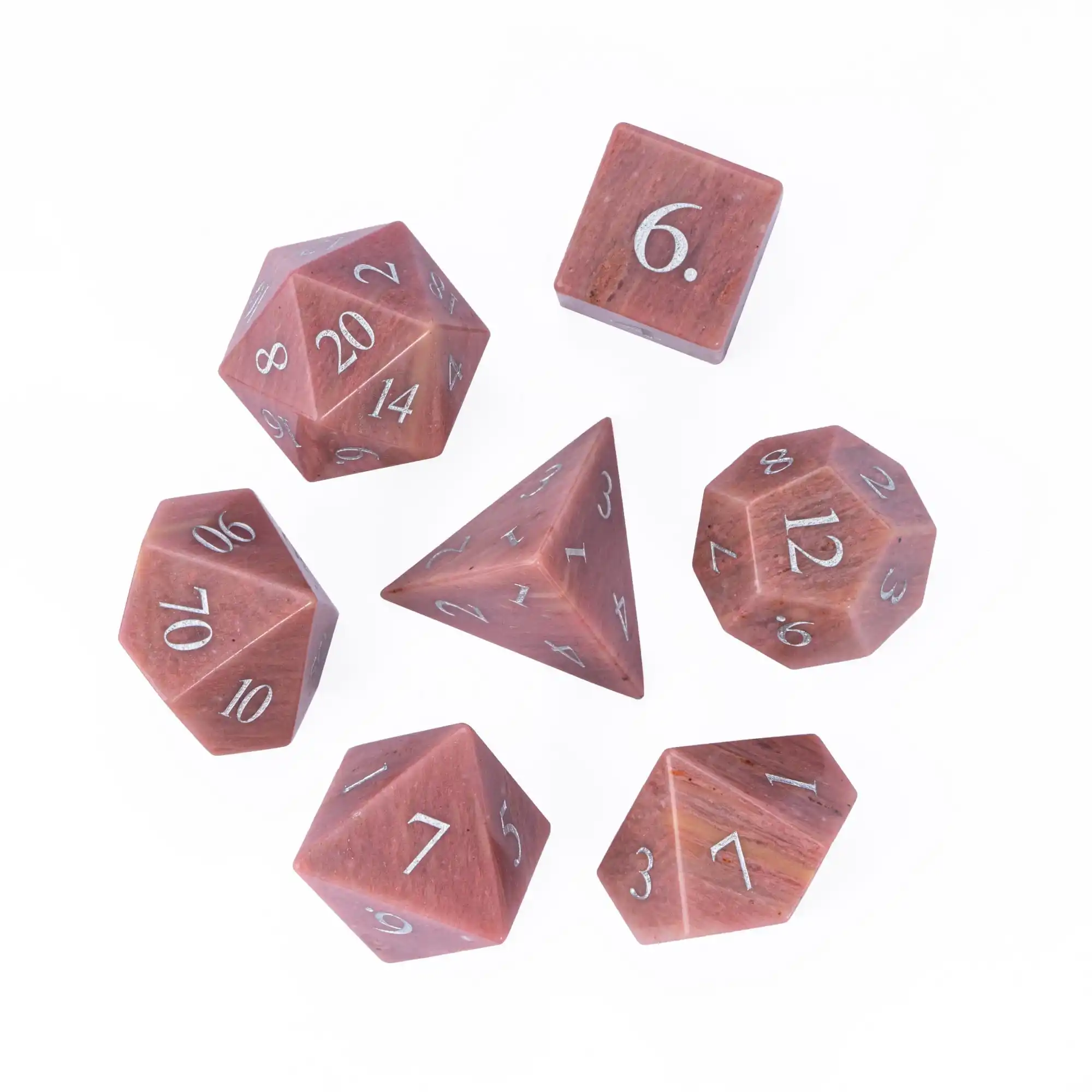 Cusdie 7Pcs Rosewood Stone Dice, Handmade Polyhedral Dice Set with Leather Box, D4-D20 Gemstone D&D Dices for Collection RPG