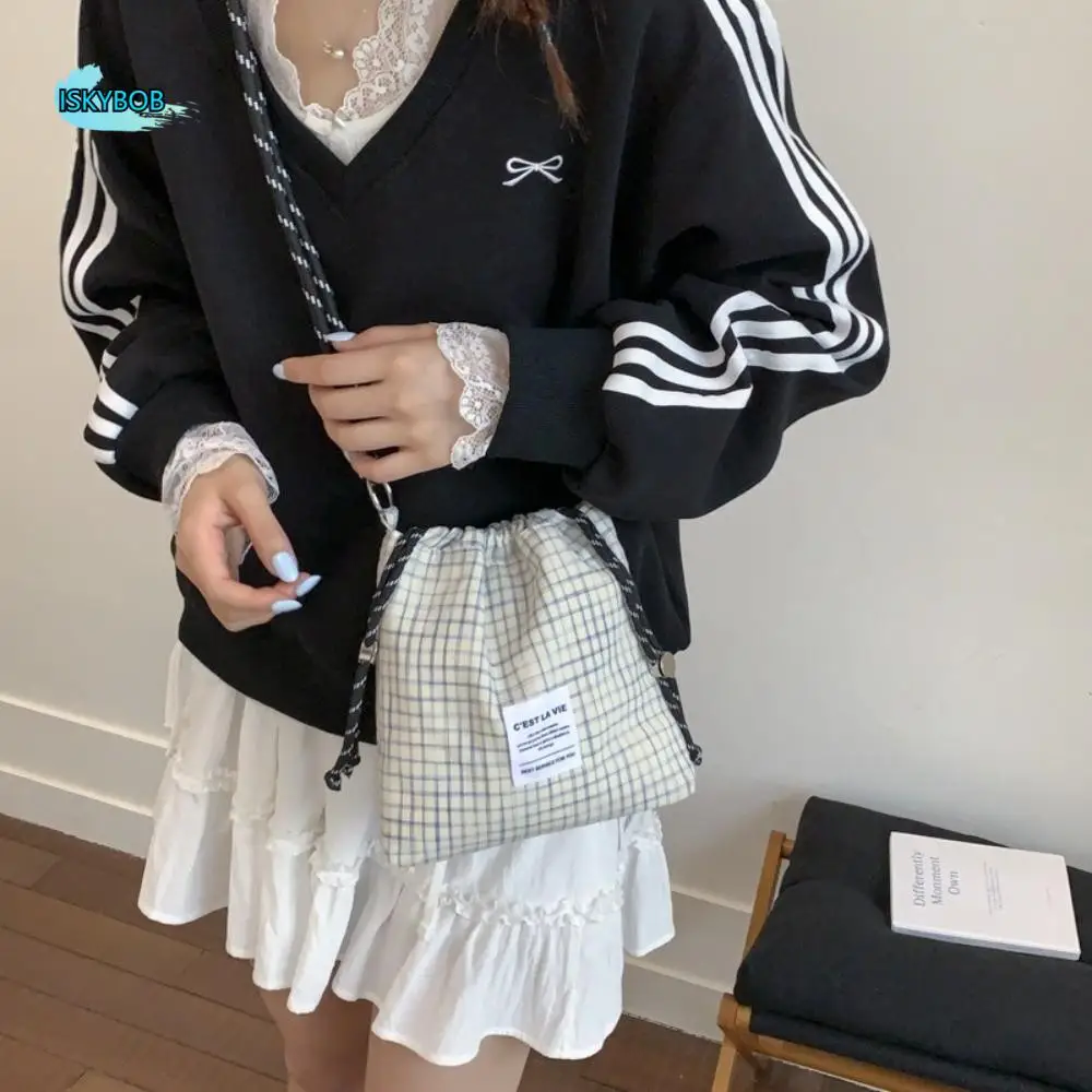 

Simple Korean Drawstring Bucket Bag Light Weight Plaid Nylon Crossbody Bag Leisure Casual Women's Handbags Summer
