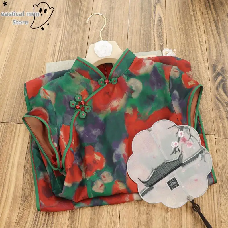 Old Shanghai Women Print Qipao Dress Improved Chinese Style Dresses Sexy Sleeveless Cheongsam Vintage Mandarin Collar Robe