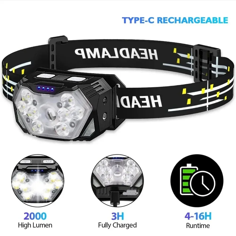 Wiederaufladbare Stirnlampe mit Bewegungssensor, 9 LEDs, starkes Licht, tragbare Stirnlampe für Angeln, Camping, Outdoor, Arbeitslampe