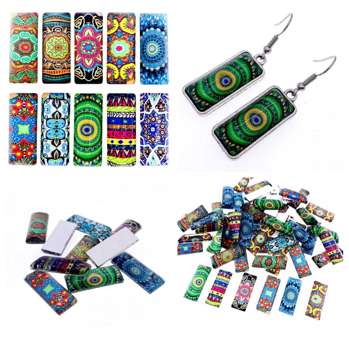 Onebeading 10x25mm Mixed Colorful flower Rectangle Glass Cabochon Dome Jewelry Finding Cameo Pendant Settings 10pcs(5pairs)