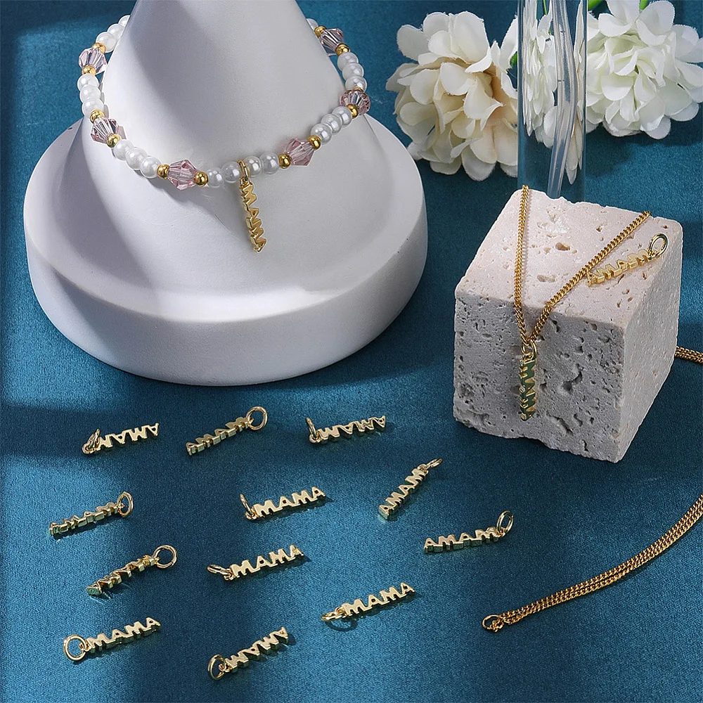 1 Box 15Pcs 18K Gold Plated Mama Charms Metal Word Charms Bulk Love Mom Message Mother Lettering Pendants for Jewelry Making view 4