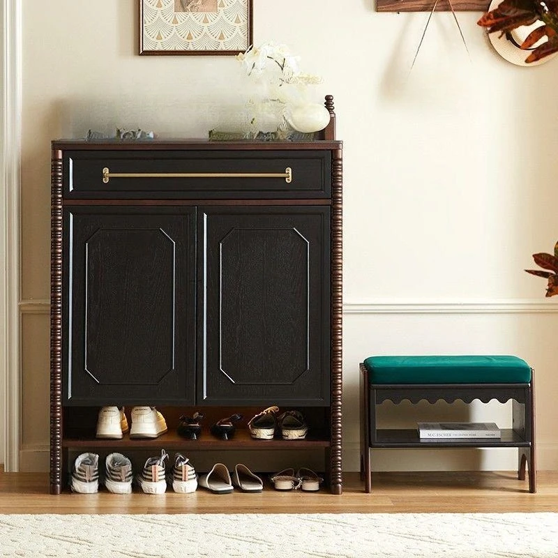 French retro solid wood shoe cabinet, integrated storage, against the wall into the living room, large-capacity locker