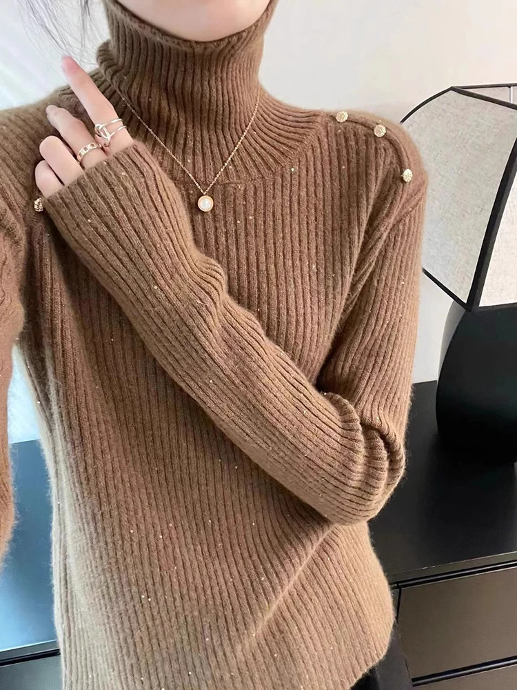 

ilin Woolen Knitted Sweater High Collar oulder Bule iny Silk Casual Slimming Base Layer Top for Autumn Winter