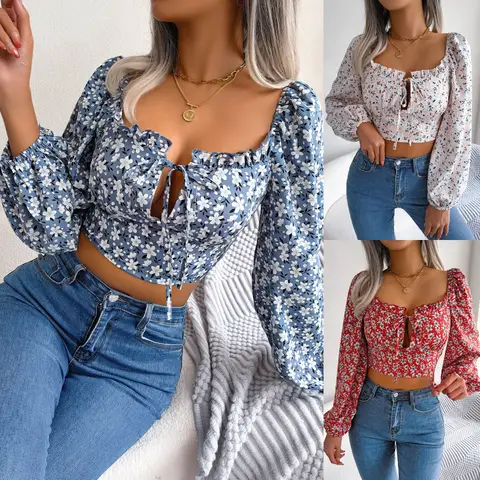Chic 2026 Summer Sexy Blouses Long Sleeve Fashion Short Tees Fungus Edge Lace-up Floral Chiffon Shirt Exposed Top Y2K
