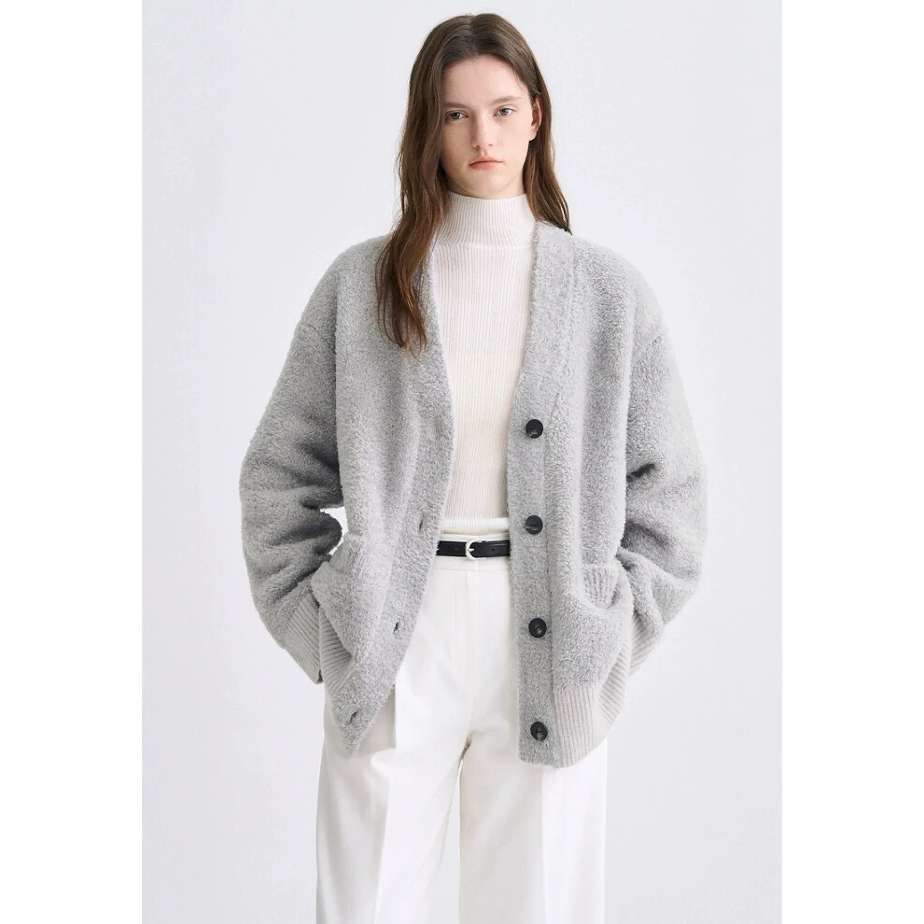 

TIM25 Winter Casual V-ne Loose Versatile Teddy Fce Knitted Cardigan Coat Lemon Cheese Commute Sle Long Sve Mid-length