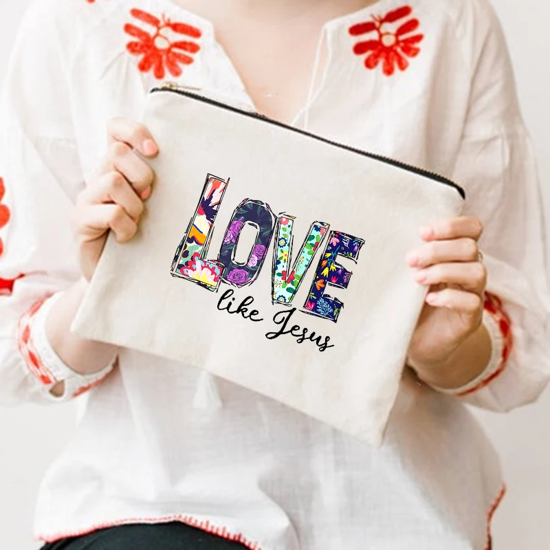 Women Makeup Bags Love Like Jesus Print Cosmetic Bag Christian Canvas Cosmetics Bag Ladies Travel Washing Toiletry Pouch Clutch