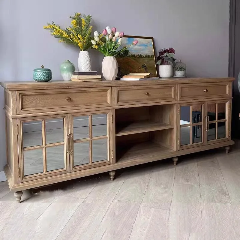 

French solid wood dining side cabinet, antique storage rack, kitchen storage cabinet, retro living room cabinet customization