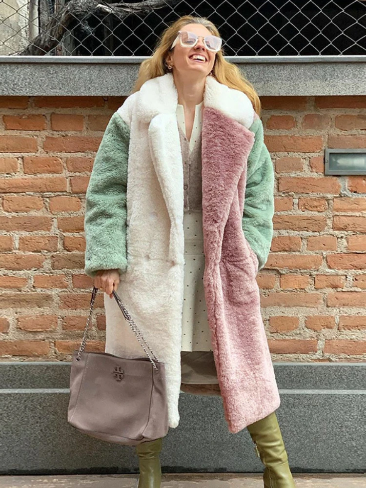 Women Faux Fur Coats Long Jackets Turn Down Collar Splice Loose Open Stitch Elegant Full Sleeve Winter Thick Warm Outerwear