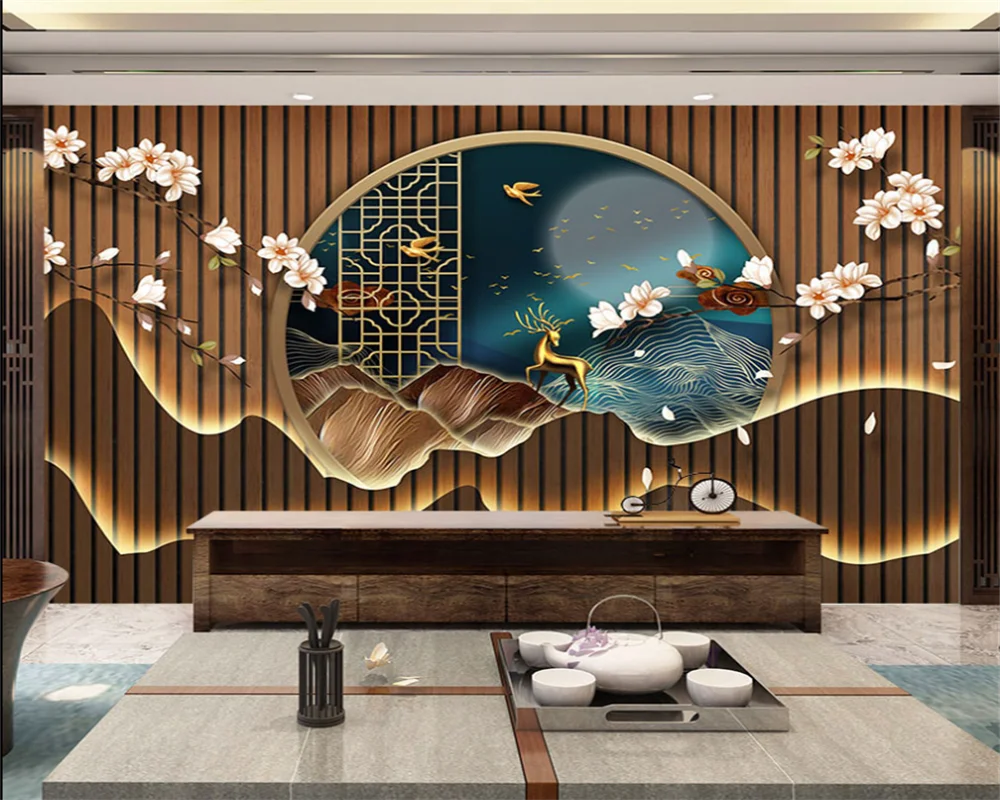 beibehang papel de parede Customized modern new Chinese rockery living room three-dimensional teahouse background wallpaper