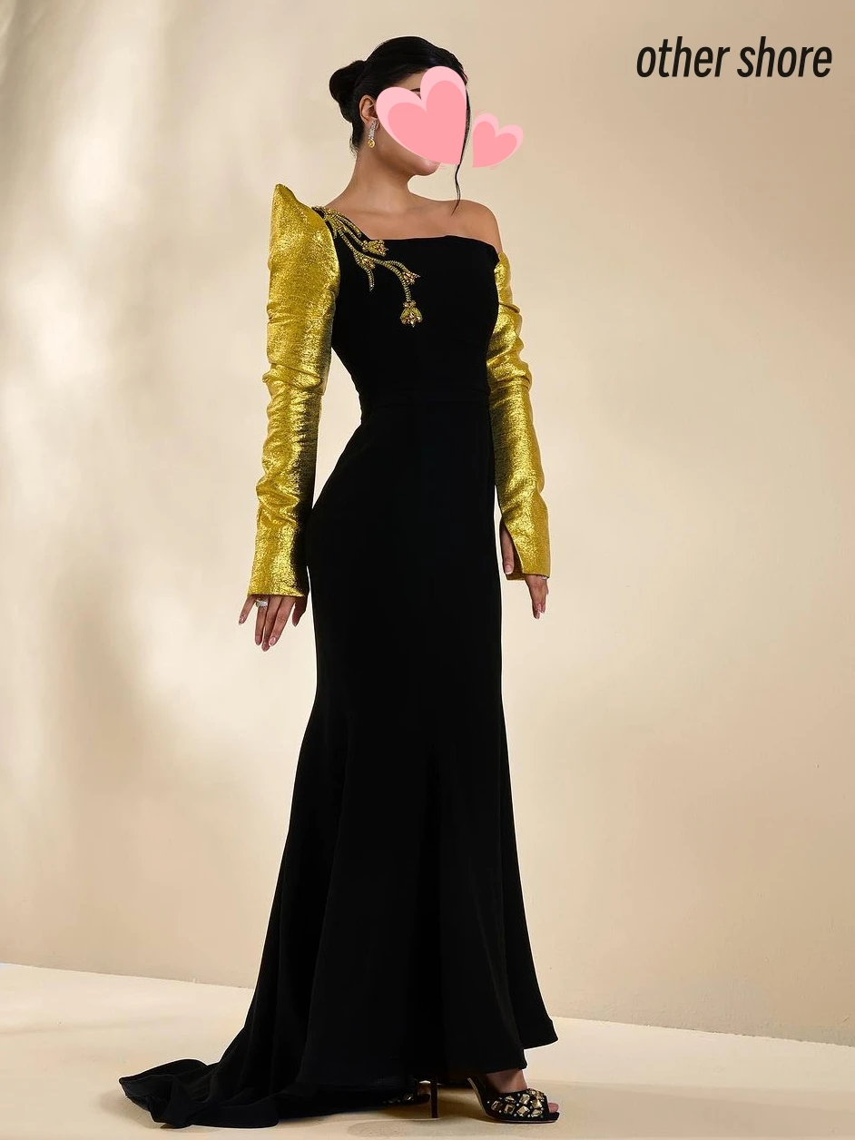 Other Shore Elegant Vintage Black Mermaid Beading Gold One Shoulder Customize Formal Occasion Prom Dress Evening Party Gowns