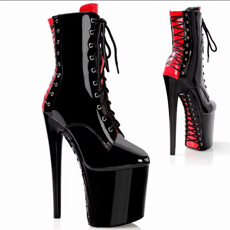 20cm Pole Dance Shoes Platform Sexy Women Stripper Ankle Boots 8 Inch High Heels Fashion Gothic Fetish Queen Black Lacing Red