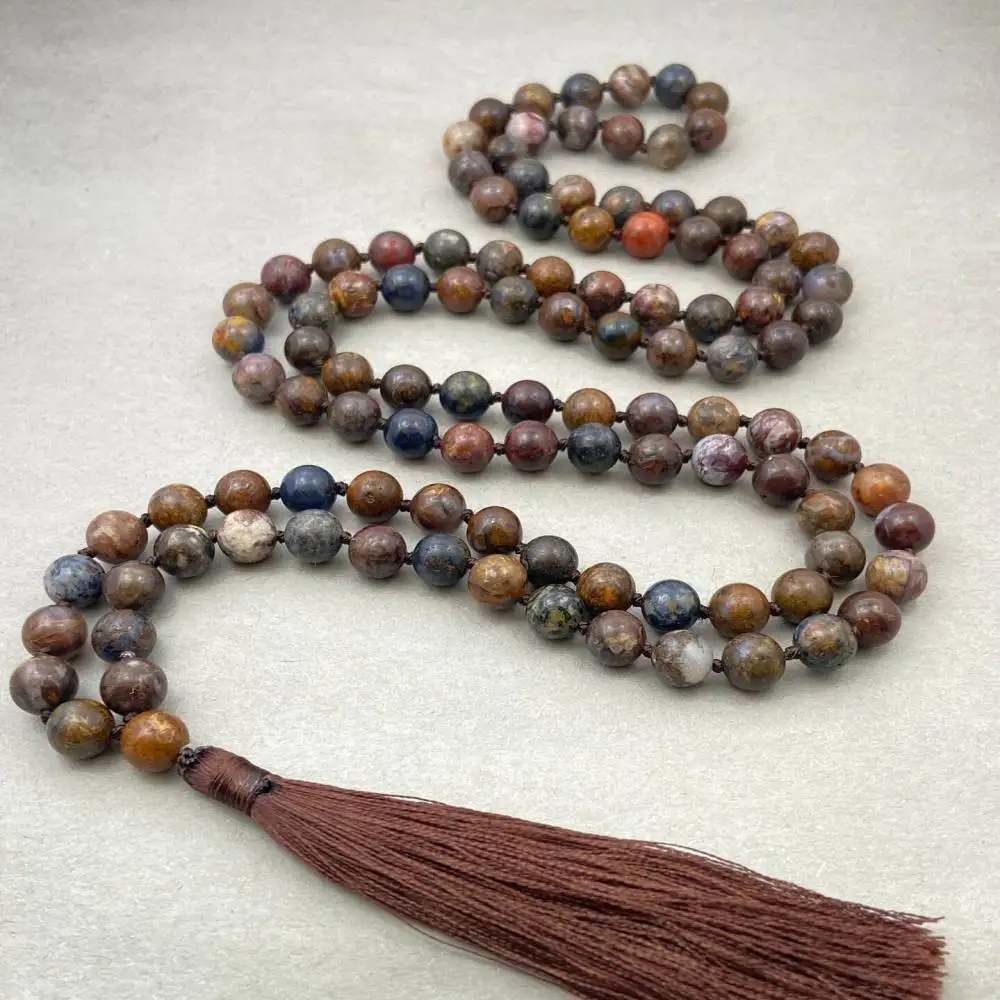 

Natural Picture Jasper 108 Beads Mala Necklace with Brown Tassel Spiritual Meditation Jewelry