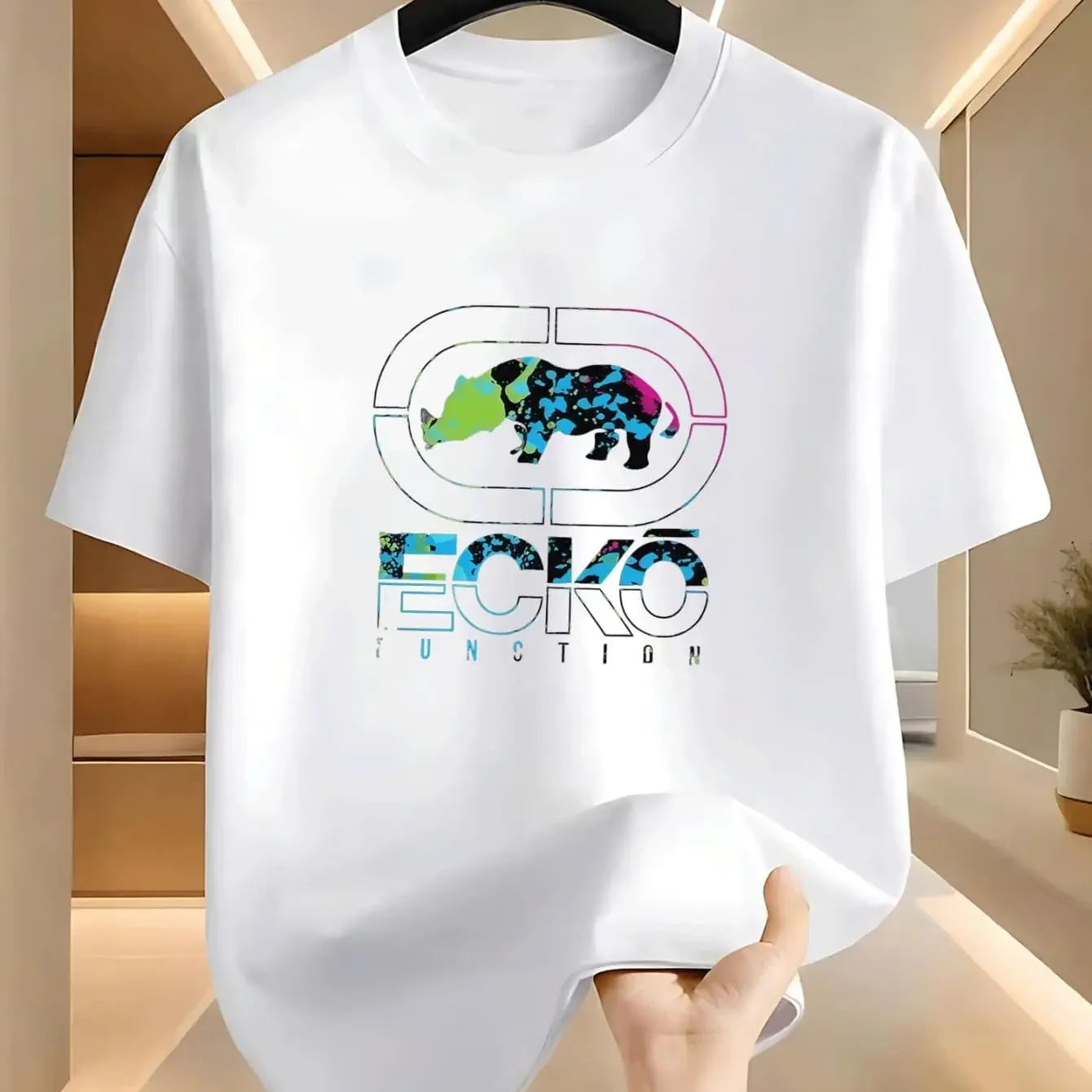 Men'S Trendy Rhino Print Short-Sleeve T-Shirt ComfortableVersatile Casual Street Style Suitable for Young Students' Daily wear