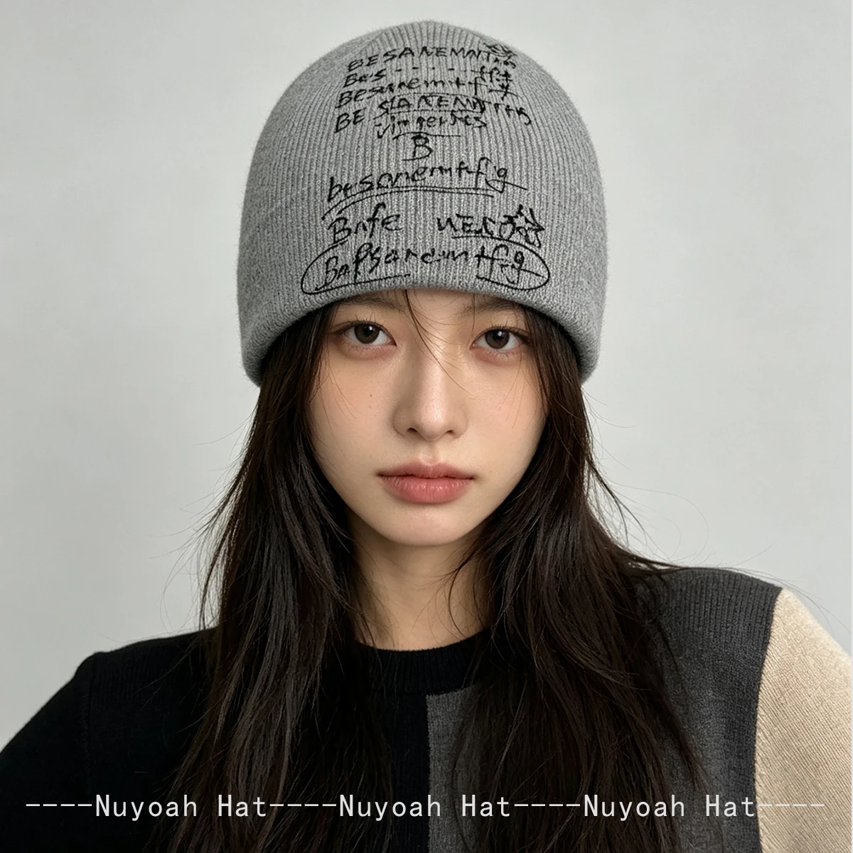 New Men Women American Personal Hand-drawn Letters Knitted Hats Warm Retro Versatile Niche Beanies Color Block Fashion Outdoor 5