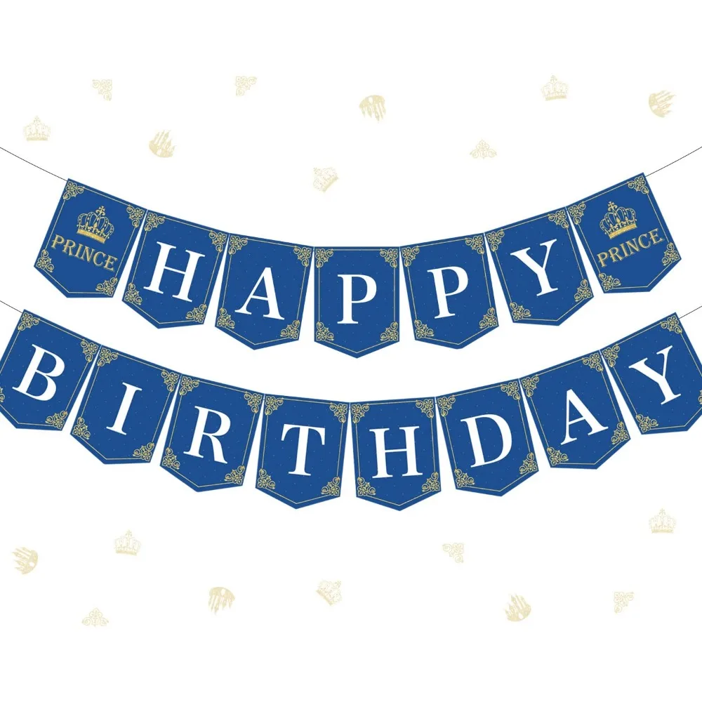 

TARNDOM Crown Birthday paper banners, Happy Birthday Badge Garland Navy Blue Gold Sparkling Prince Birthday Party Decoration