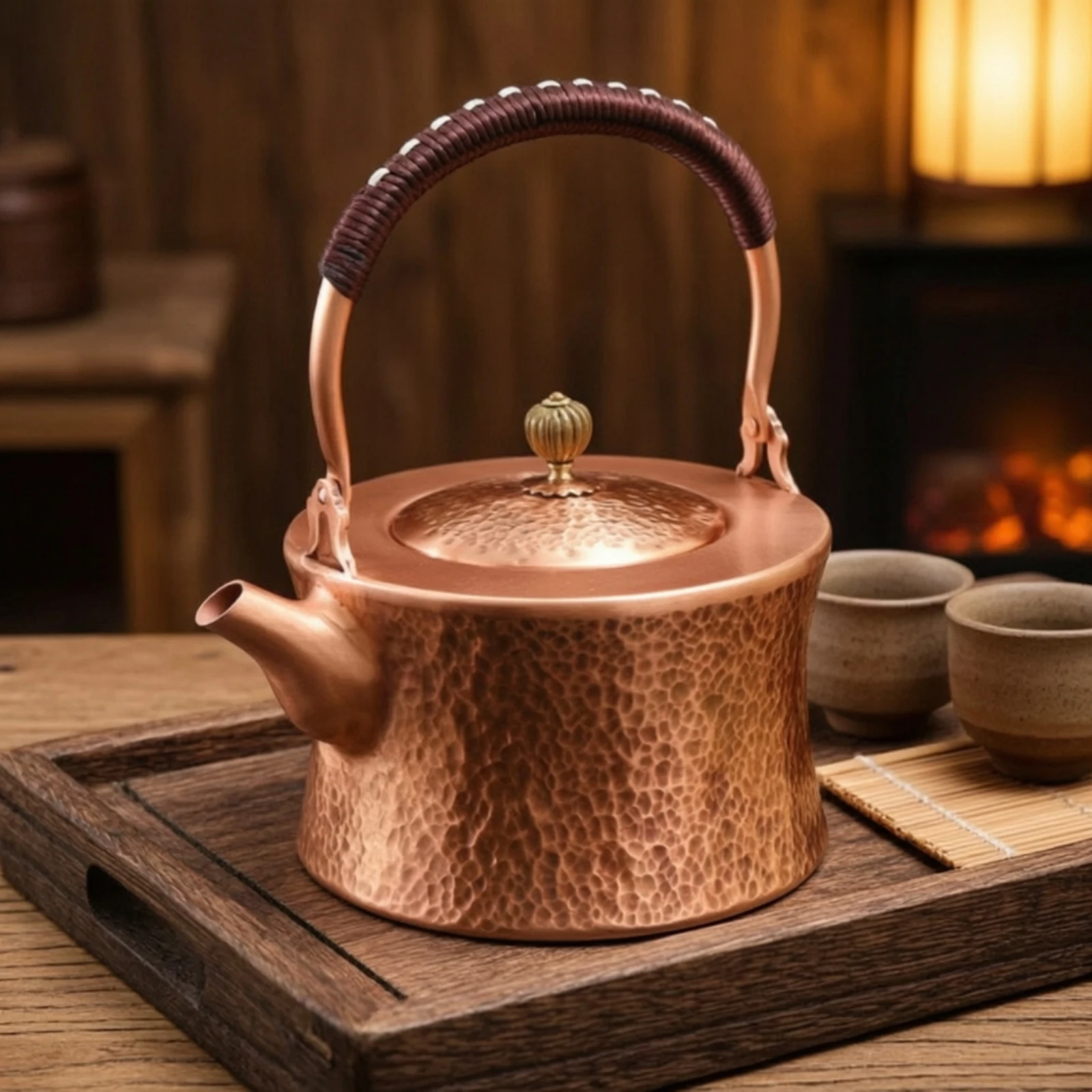 Copper Kettle with Wrapped Handle Classic Cylindrical Tea Kettle Hammered Design Hot Water Pot for Tea Table