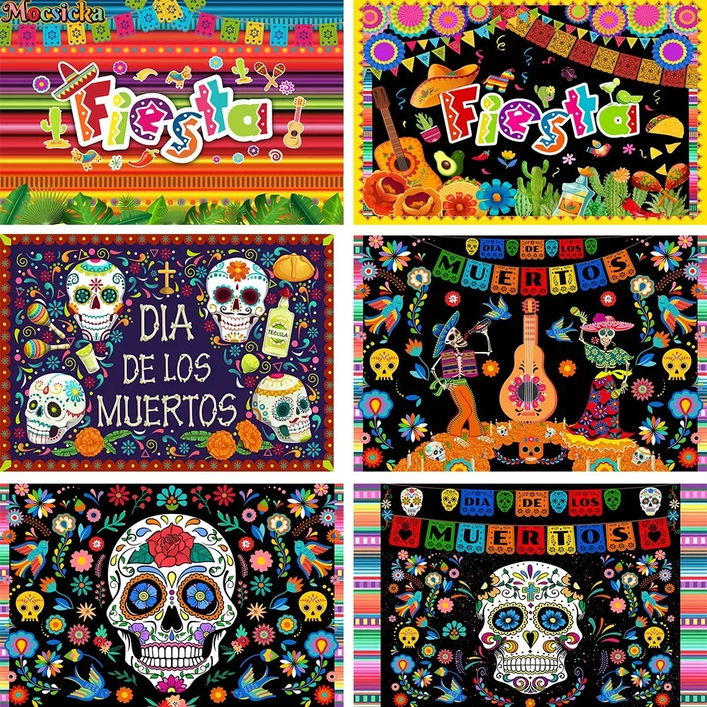 Mexican Fiesta Day of The Dead Backdrop Dia De Los Muertos Dress-up Music Party Skull Photo Background Photography Flower Decor