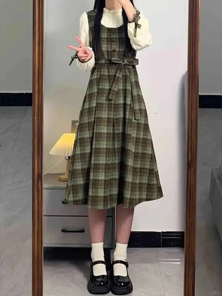 Vintage Patchwork Dresses Women Autumn Winter New Plaid Midi Dress Korean Elegant Fashion All Match Female Vestidos