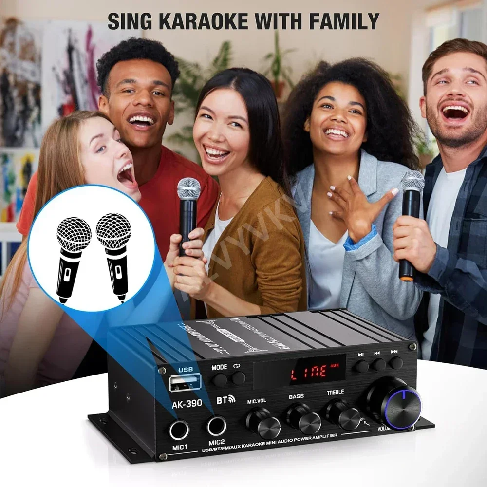 مضخم صوت بلوتوث مضخم طاقة منزلي MIC مضخمات صوت قناة صوت 2.0 HIFI مشغل ستيريو رقمي لنظام المسرح المنزلي 390