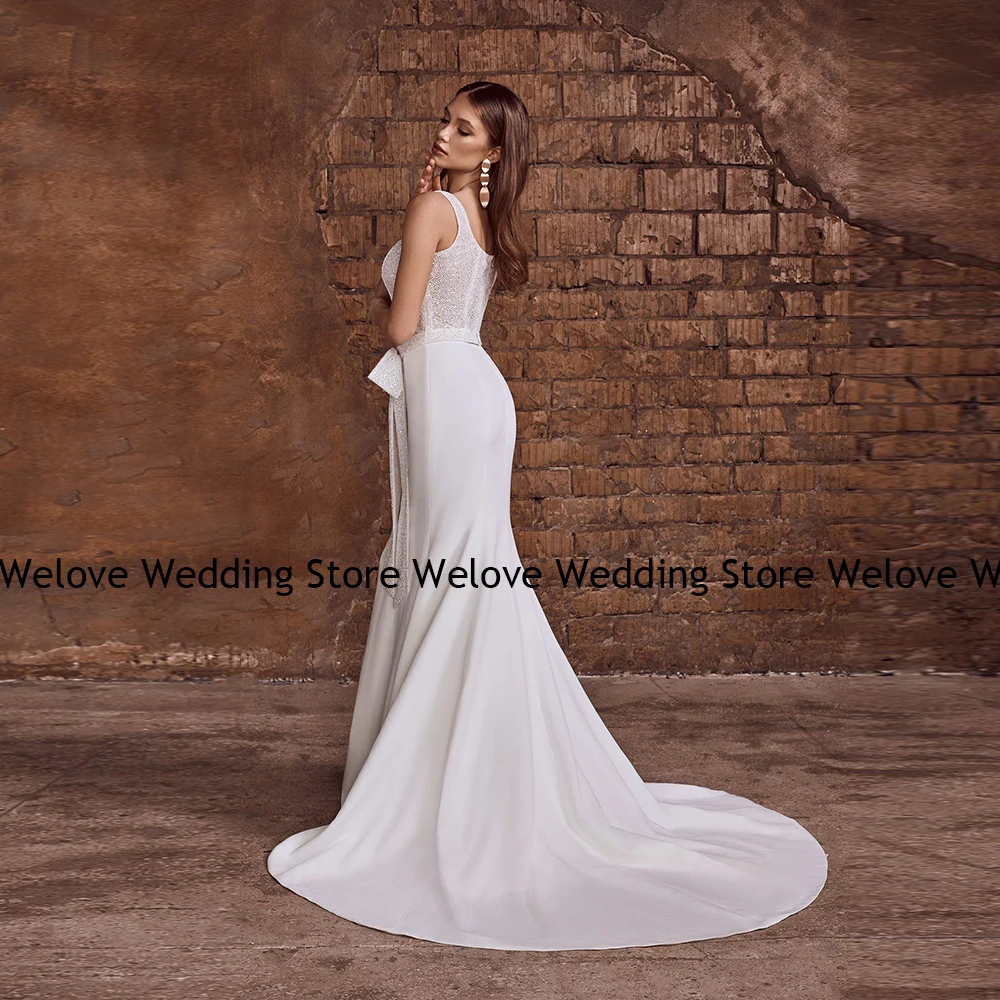 Charming Mermaid Wedding Dress Square Neck Sleeveless Modern Bridal Gown With Train Bow Formal Vestido De Mariee Customized