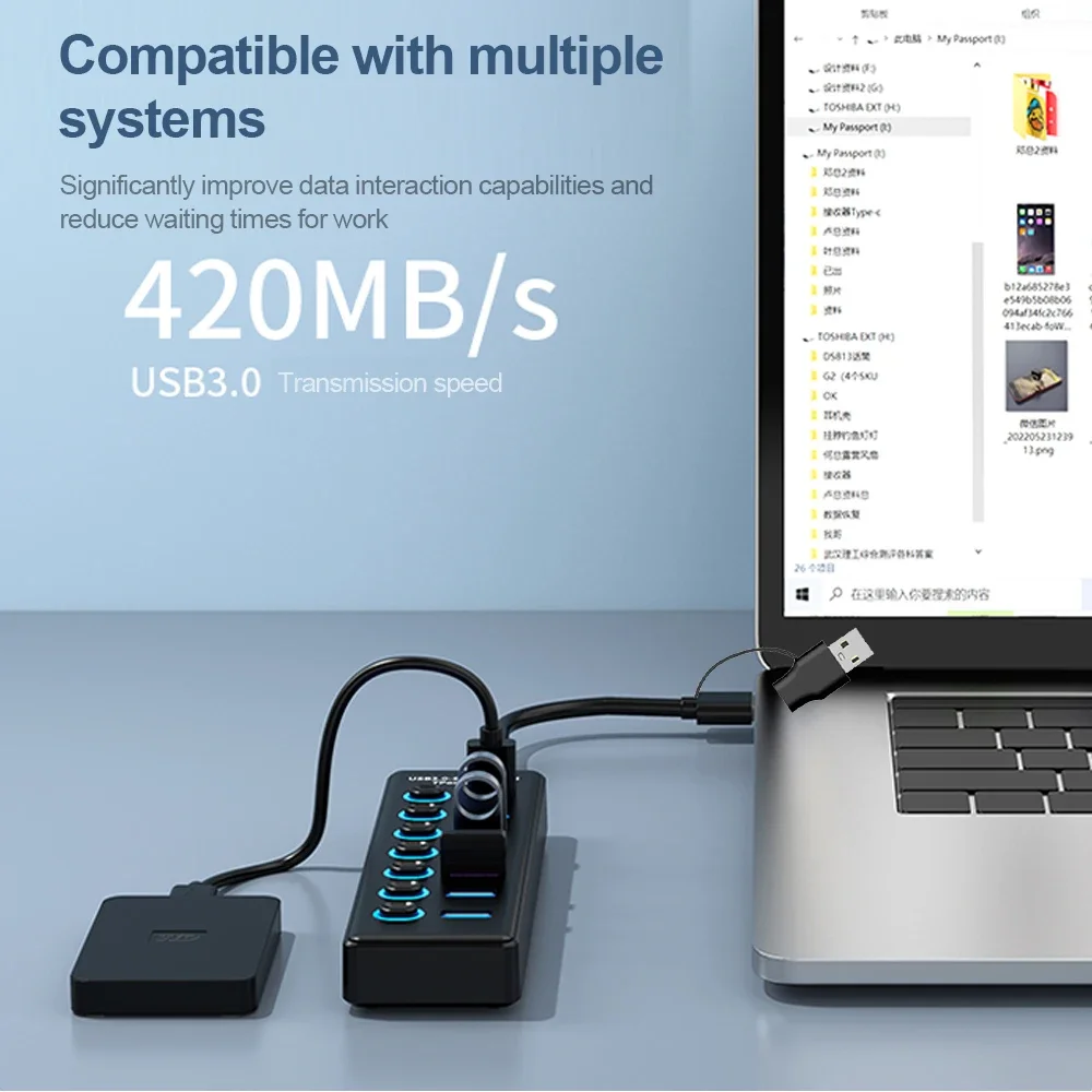 KEBIDUMEI 7 Ports USB HUB 5Gbps High Speed Transmission USB 3.0 Dock Station With On/Off Switch Computer Accessories for Laptop