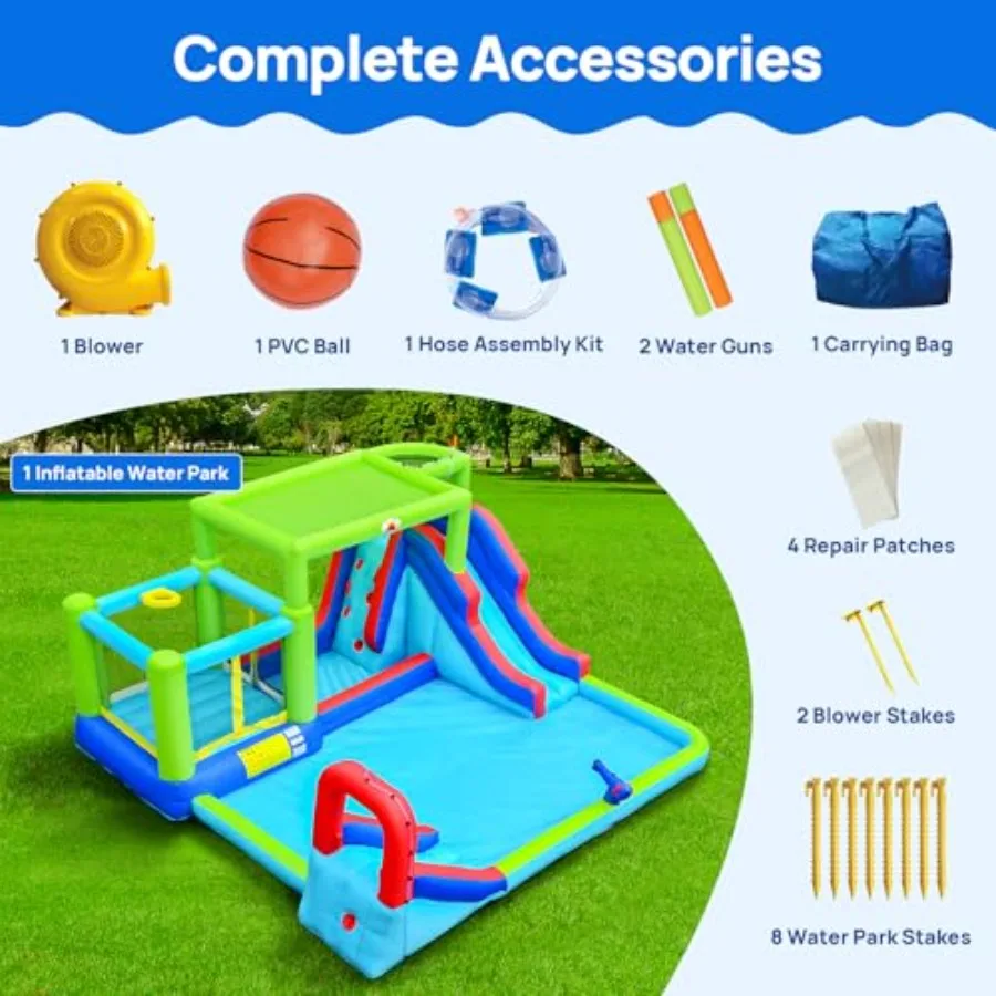 Inflatable Dual Jumping Castle with Blower Bounce House with Sunshade Basketball Hoop Climbing Wall