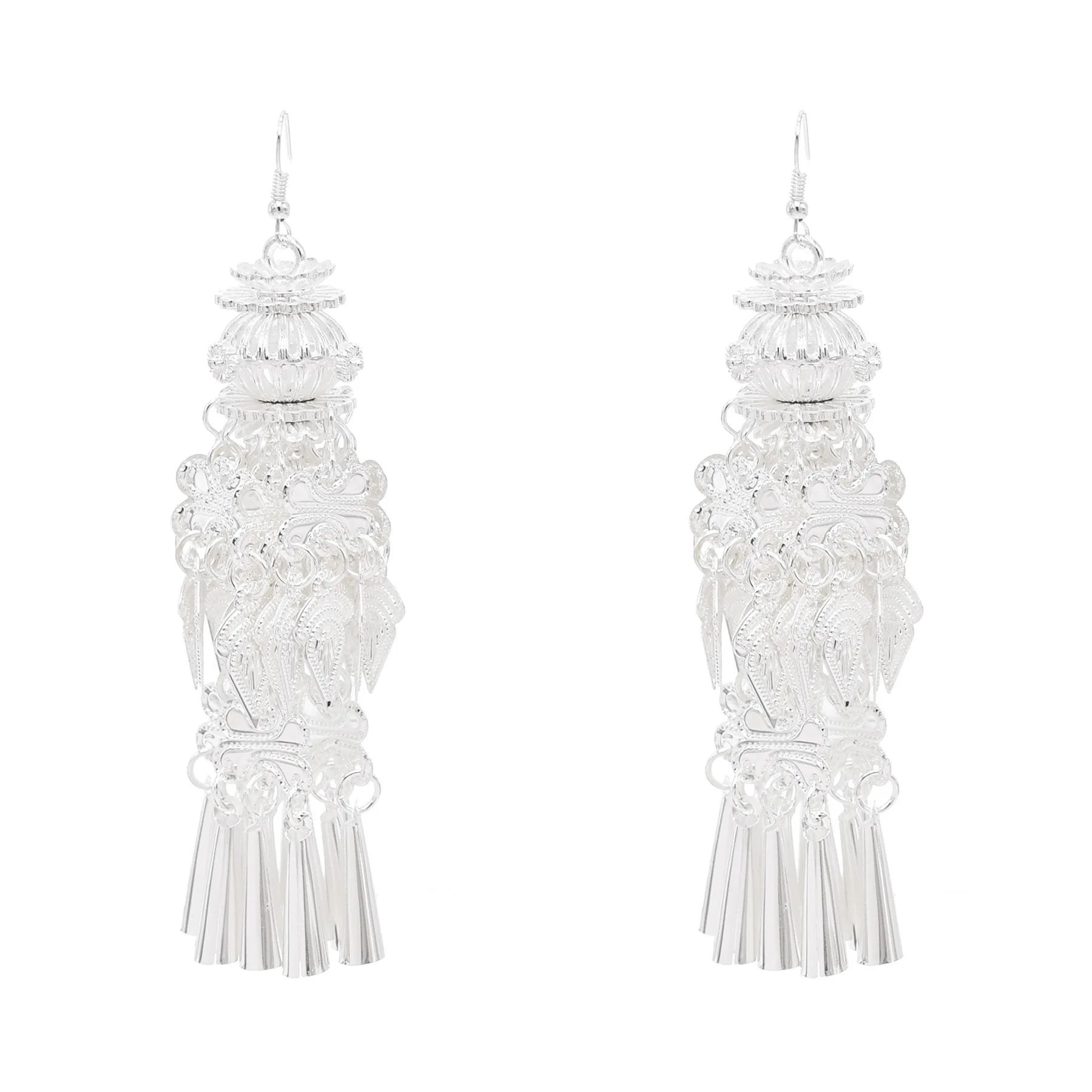 Vintage Traditional Miao Silver Color Long Pendant Earrings for Women Ethnic Bridal Wedding Costume Statement Earrings Jewelry