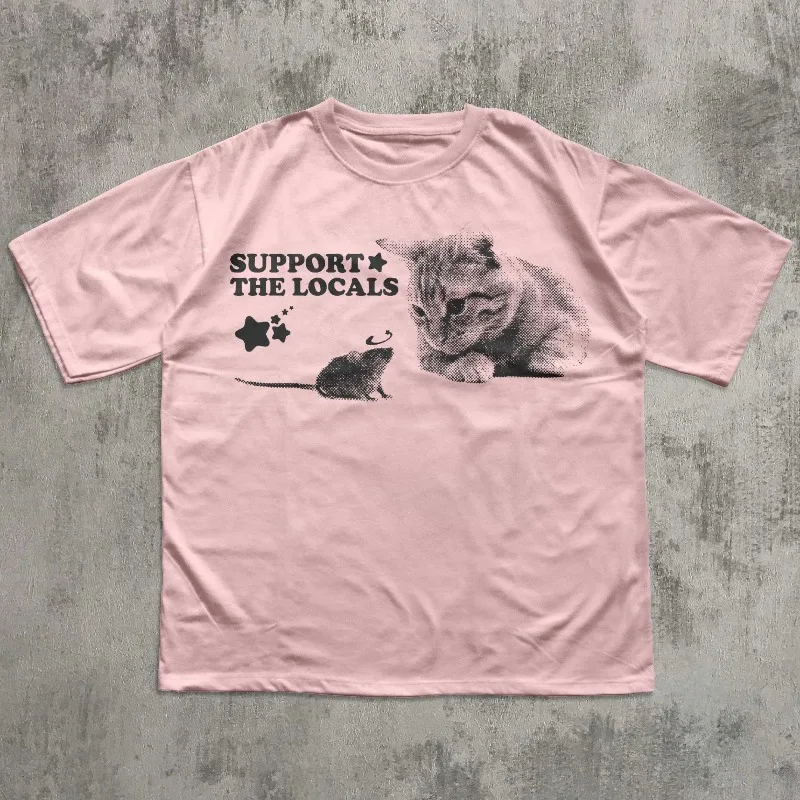 Support The Locals Y2k Cat And Mouse T-shirt, Vintage Graphic Cats Tee, Retro Kitten Shirt, Cats Lover Gift Unisex Cotton Tshirt