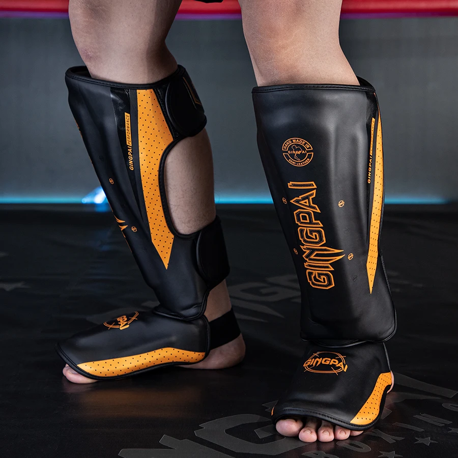 GINGPAI Professional MMA Boxing Shin Guards Adult Kickboxing Ankle Support Equipment Karate Protectors Sanda Muay Thai Leggings