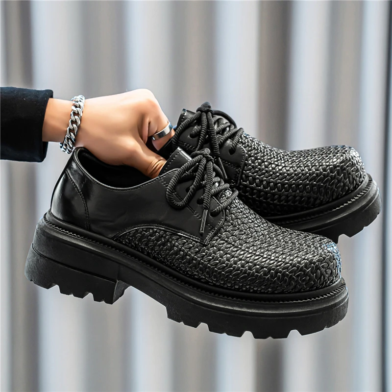 Męskie skórzane buty na lato 2025, plecione, z okrągłym noskiem, gruba podeszwa, wewnętrzne otwory wentylacyjne, podwyższające, casualowe, z oddychającej skóry bydlęcej.
