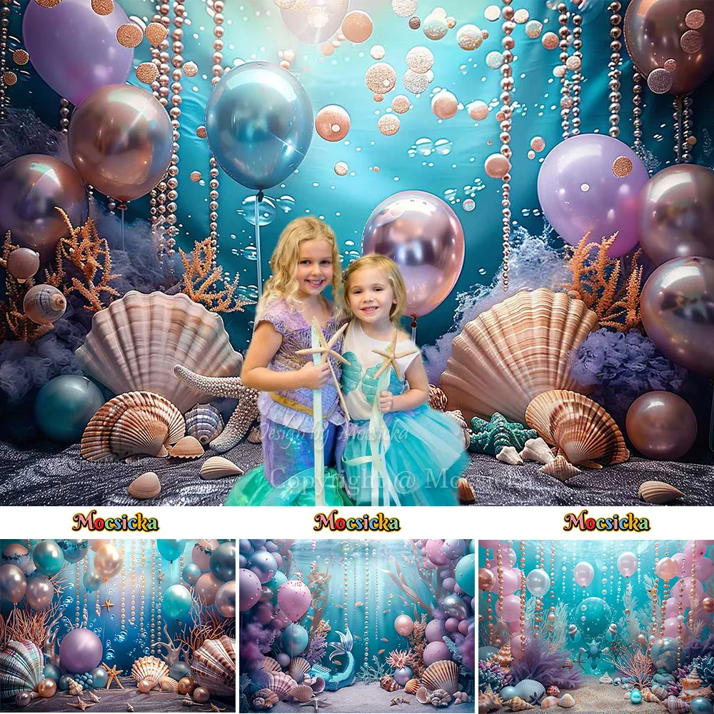 

Mermaid Princess Girl Cake Smash Photography Backdrop Banner Undersea Pearl Shell Bubble Balloon Background Adult Theme Party