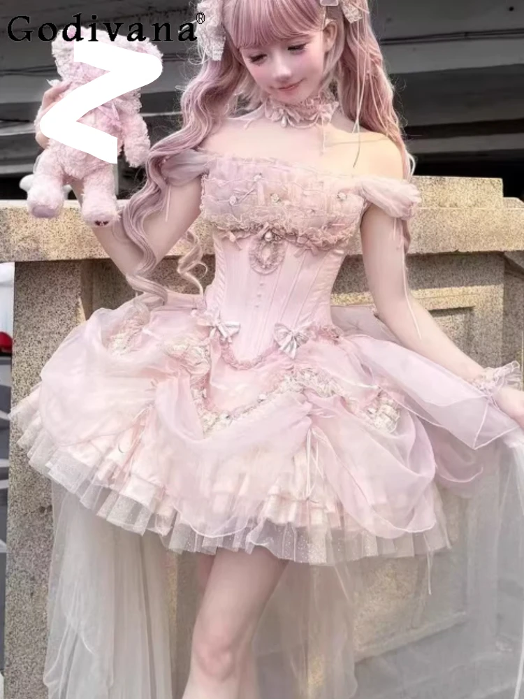 

Spring Summer Elegant Lolita Pink Square Collar Princess Evening Dress High Waist A-line Temperament Girl Long Trailing Dresses