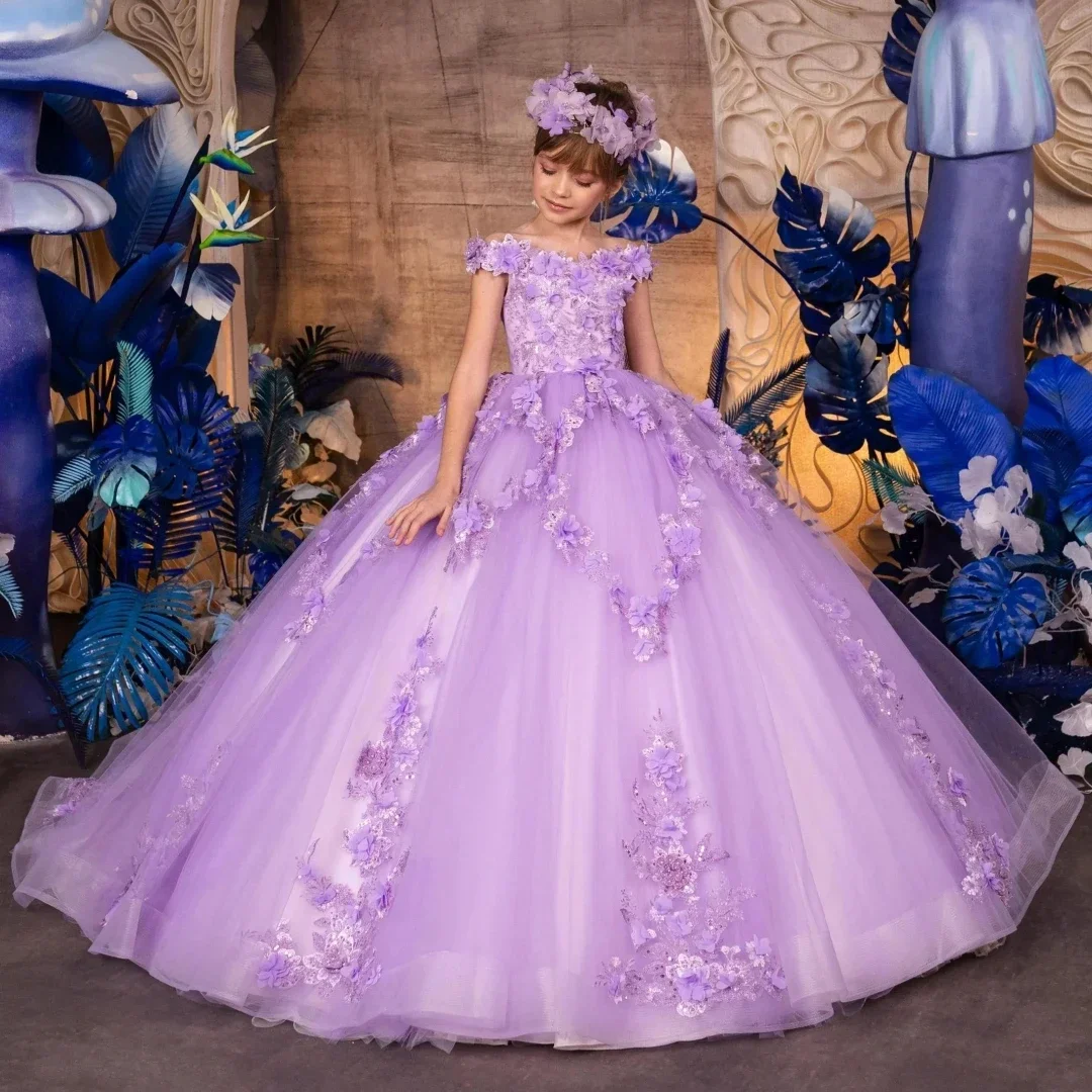 

Flower Girl Dress Prom Banquet Princess Gowns Customized Lavender Floral Embroidery Appliques Sleeveless For Wedding Birthday