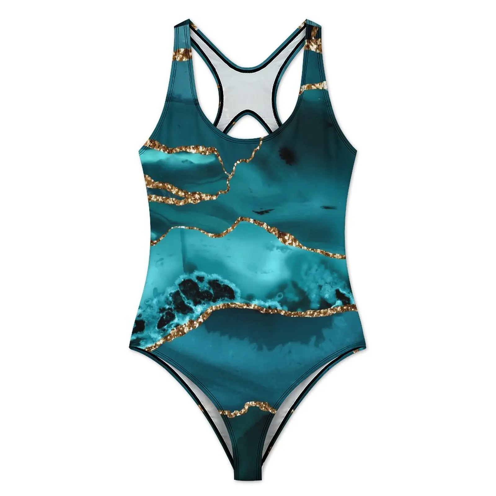 Glitter Marble Swimsuit Blue and Gold One Piece Swimwear Push Up Stylish Bathing Suits Sexy Holiday Surf Graphic Beachwear