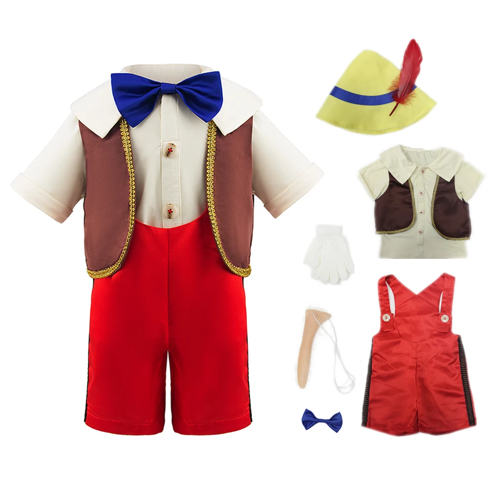 7PCS Kids Fairy Tale Character Puppet Cosplay Costume Long Nose Boy Dress Up With Accessories Halloween Carnival Birthday Outfit