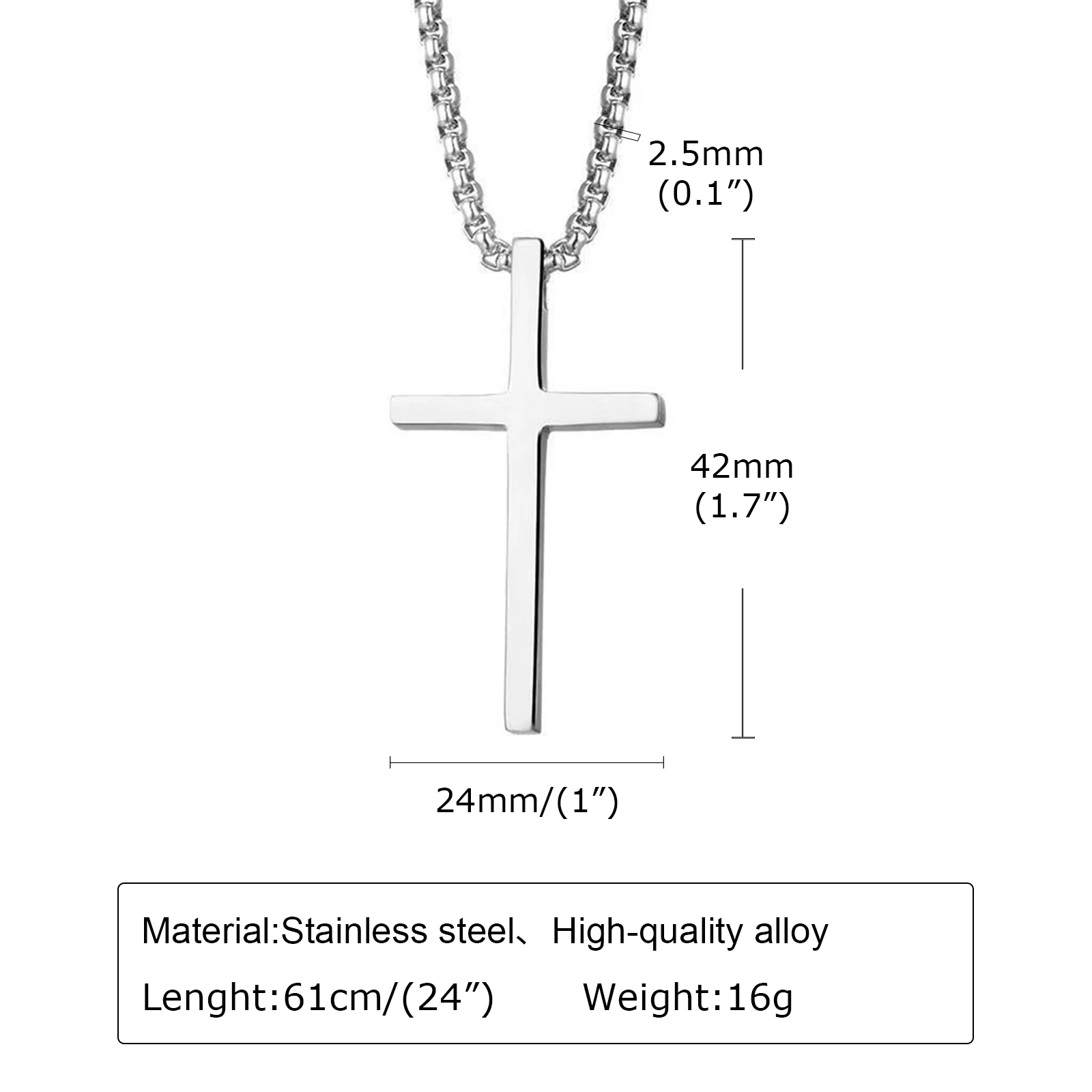 Vnox Cross Necklace for Men Women, Silver Color Plain Cross Pendant Collar with Stainless Steel Box Chain