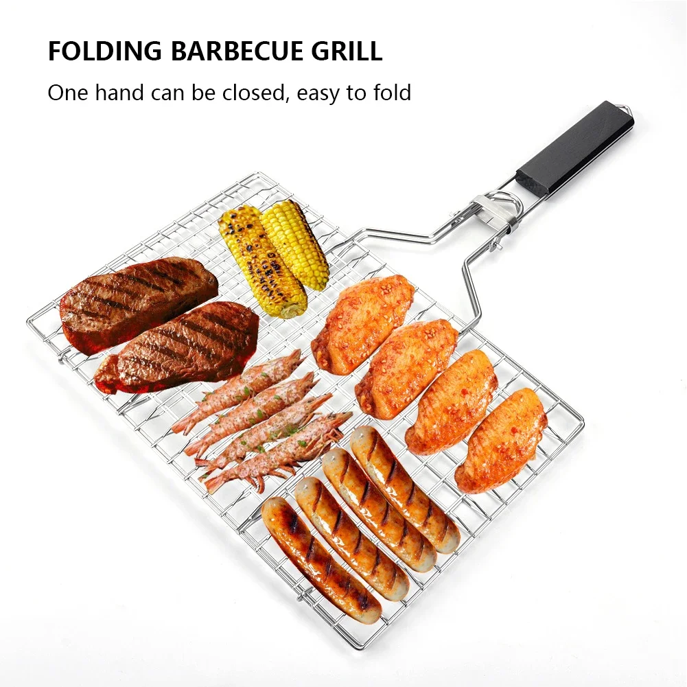 BBQ Grilling Baskets Non Stick Folding Grill Basket Stainless Steel Barbecue Grill Basket for Fish Vegetables Steak Shrimp Chops