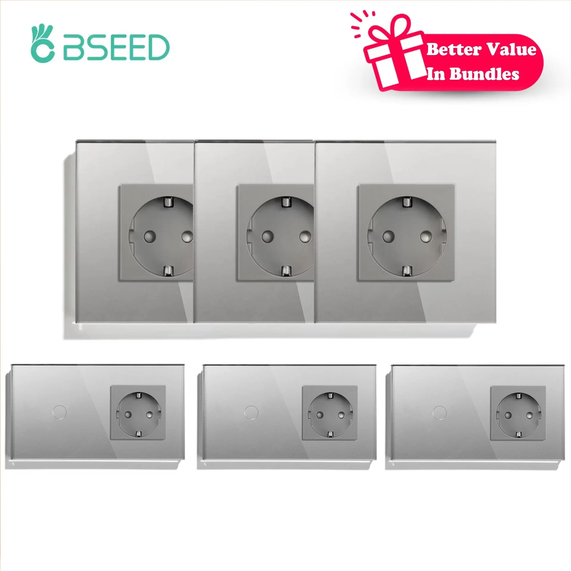 BSEED 1-fach 1-Wege Touch-Schalter Wand-EU-Steckdose Grau Kristallklar Wasserdicht LED-Lichtschalter Schwachblau Hintergrundbeleuchtung Einphasig