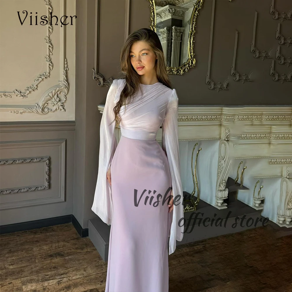 

Viisher Lavender Mermaid Evening Dresses Long Sleeve O Neck Prom Party Dress for Women Floor Length Evening Party Gowns