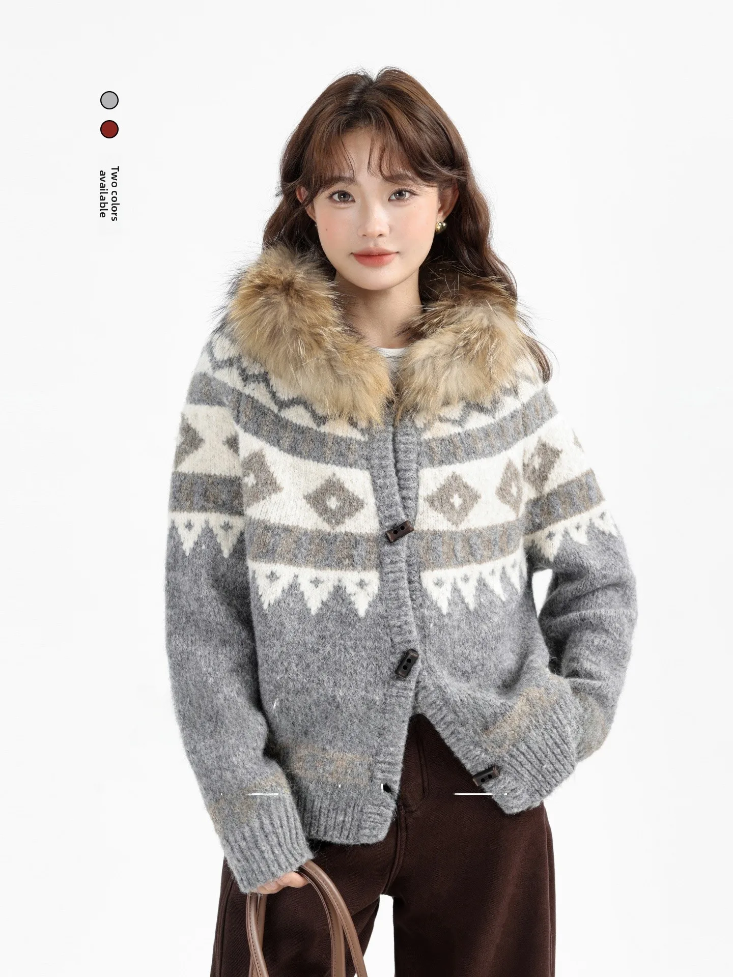 

American Sle Heavyweight Fair Isle Hooded Cardigan Sweater Winter New Removable Fur Collar ort Knitted Top for Women