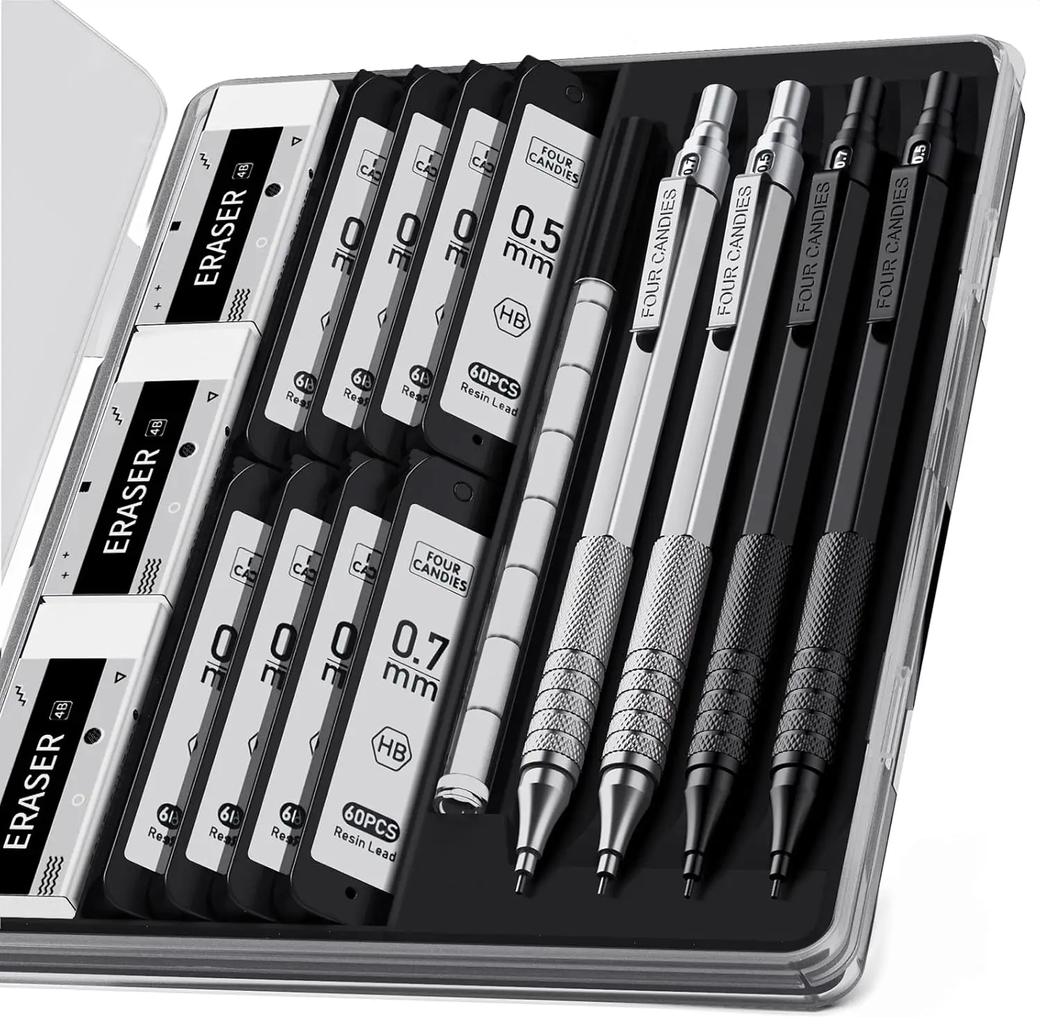 

4-Piece Metal Mechanical Pencil Set with Case, 0.5mm & 0.7mm, Includes Leads and Erasers for Writing and Drawing