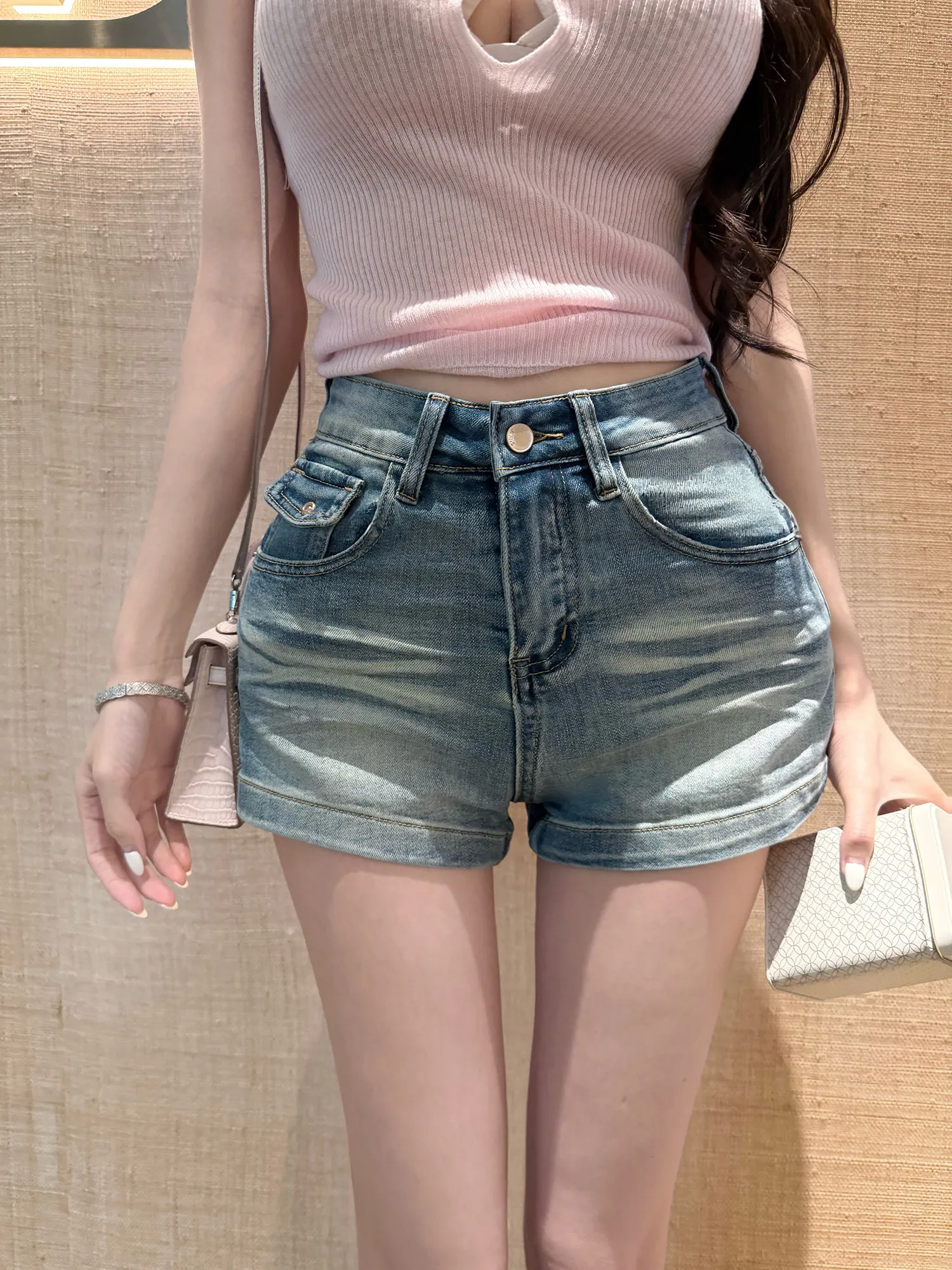 

High Waist Women's Denim Shorts Wave Pattern Chopstick Legs Sea Wave Wash Two Colors Jeans Shorts Ultra A-Like Hot Girl