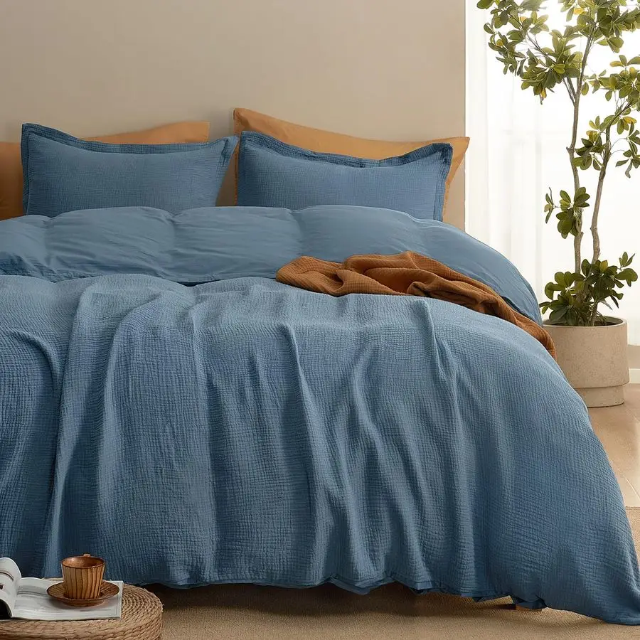 

Комплект постельного белья из 3 предметов: пододеяльник из 100% хлопкового муслина размера King Size, 3-слойная марлевая ткань, ультрамягкая, дышащая, с текстурой, напоминающей лен.