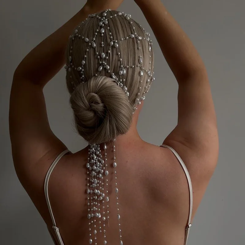 

Легкая роскошная повязка на голову с бахромой из искусственного жемчуга, темпераментная свадебная сетчатая цепочка для волос, дизайн женской повязки на голову