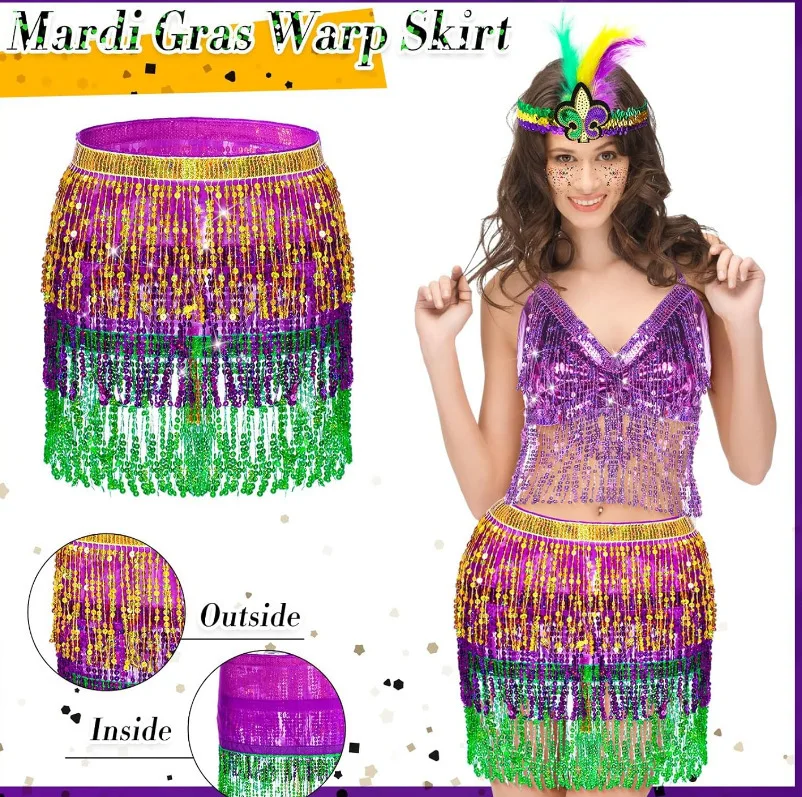 Mardi Gras Costume Accessory Set Lace Mask Feather Headband Fringe Sequin Top Skirt Beads Masquerade Carnival Party Prop Girls