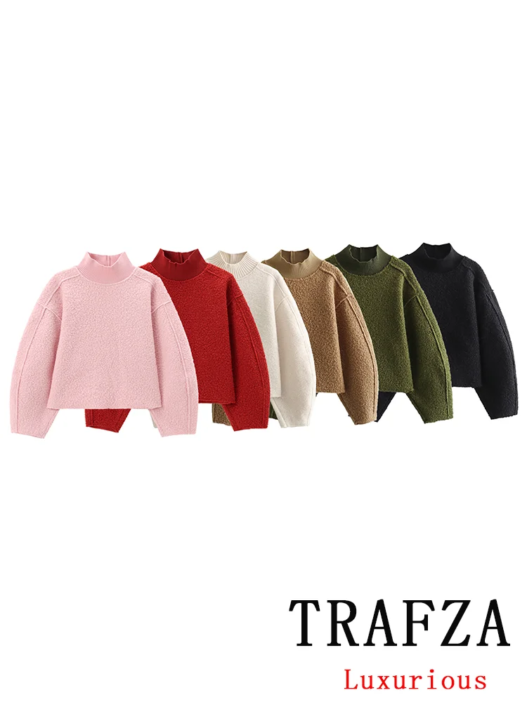 TRAFZA Vintage Casual Chic Women Lambwools Hoodies O-Neck Long Sleeve Oversized Pullovers Fashion 2024 Autumn Winter Warm Tops